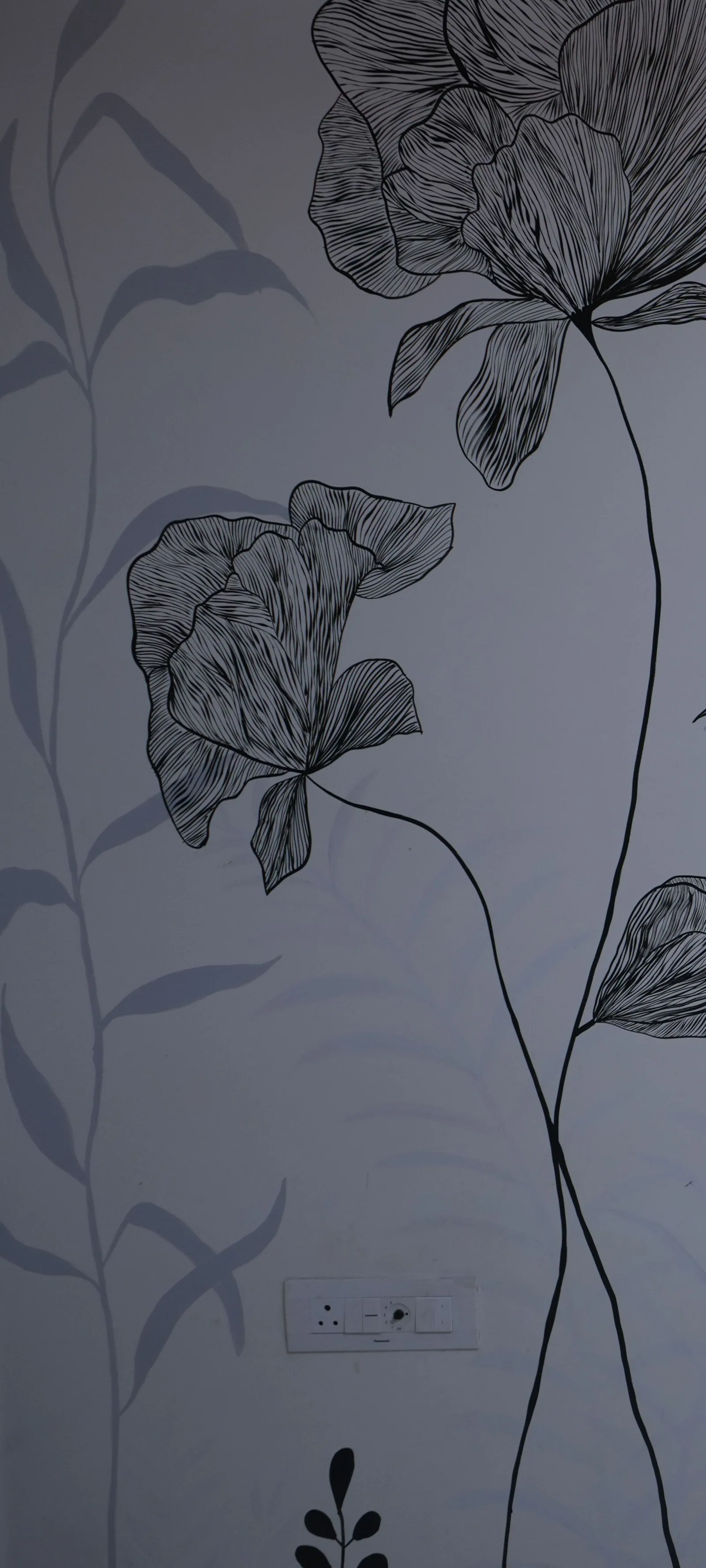 Detail: a large peony drawn entirely in fine ink line