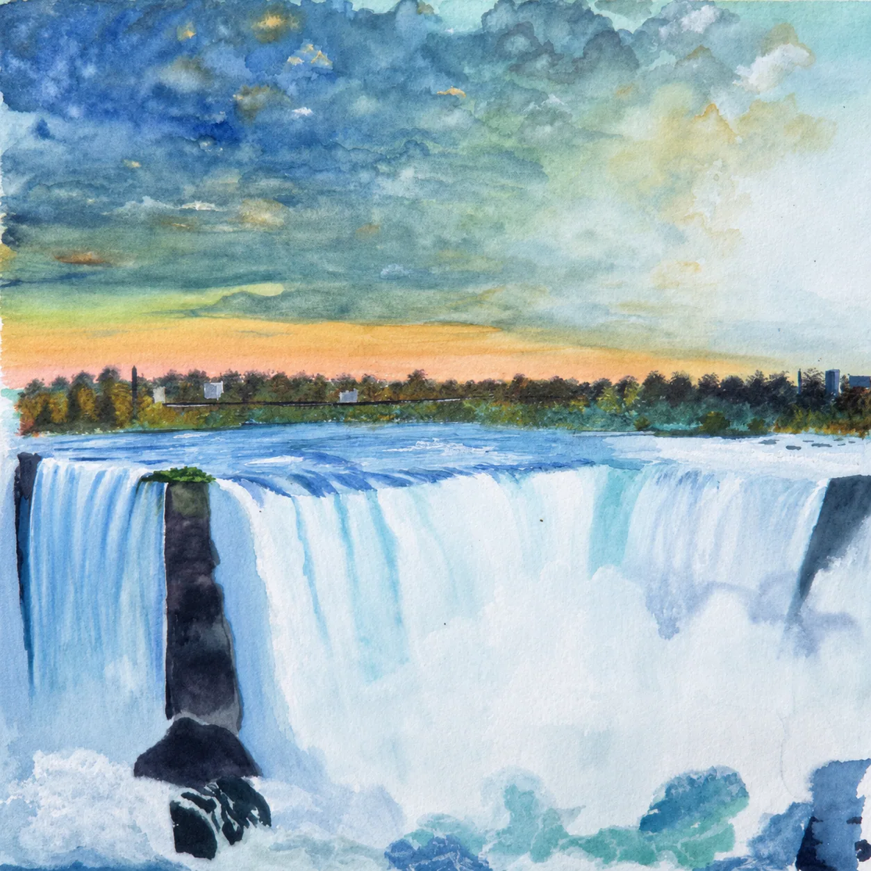 Watercolour of a wide waterfall under a blue and gold sky