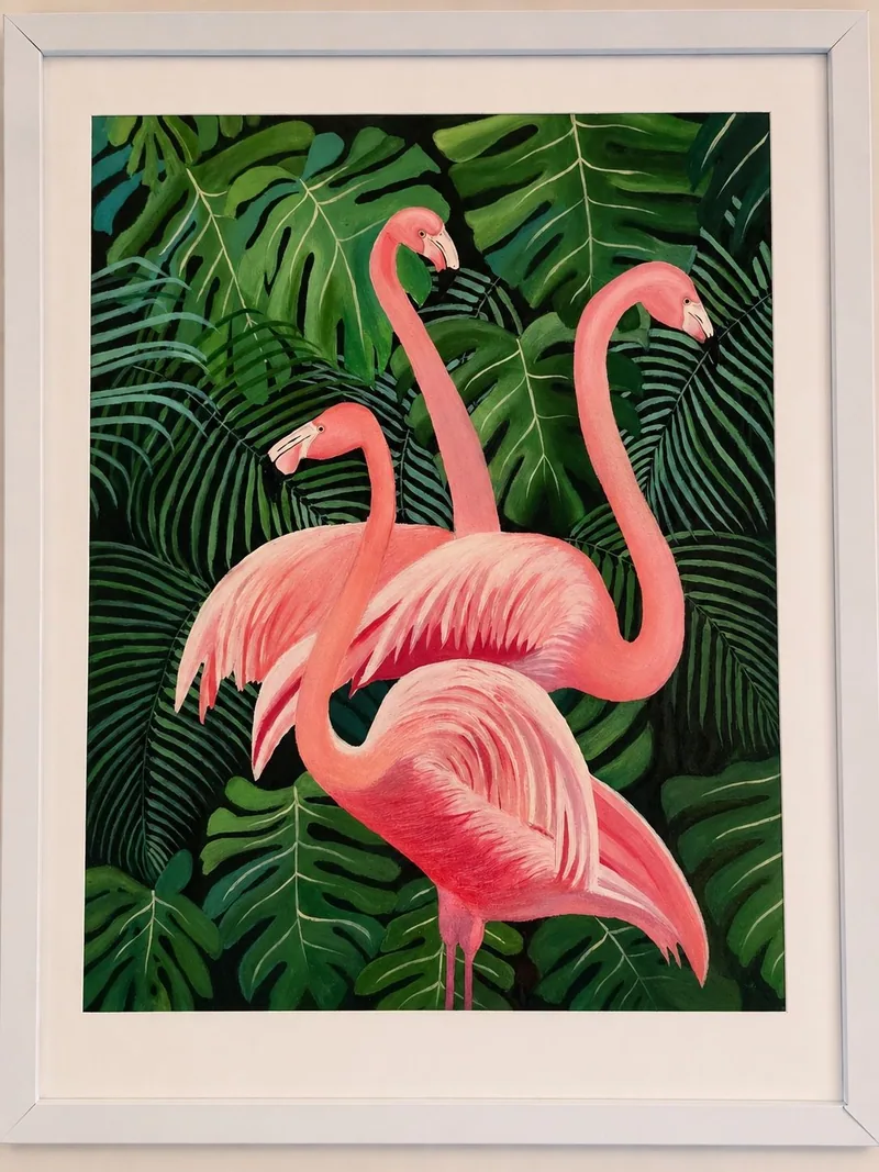 Painting of three pink flamingos among dense green tropical foliage