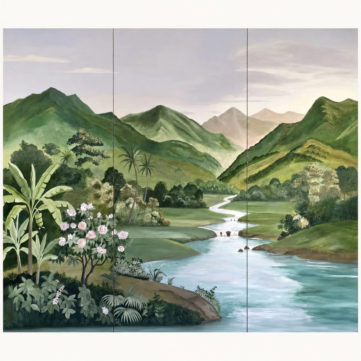 Three-panel painting of a green river valley with palms and flowering shrubs