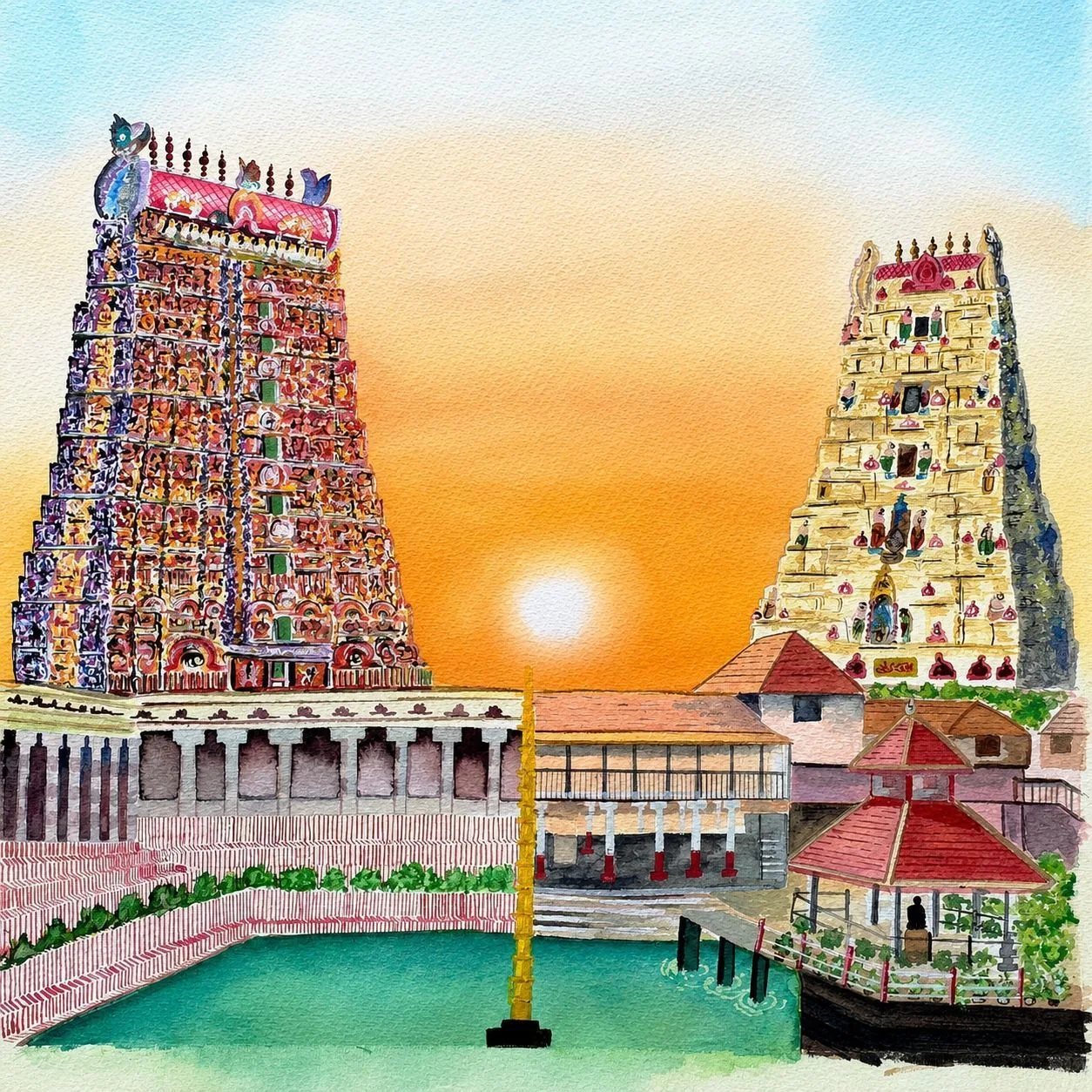 Watercolour of the Meenakshi Amman temple gopurams in Madurai at sunset