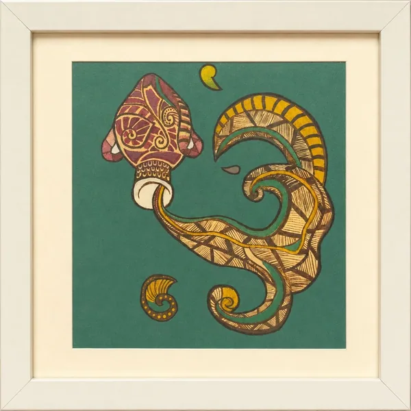 An ornate vessel tipped to pour, its stream curling into scrollwork, in gold on teal