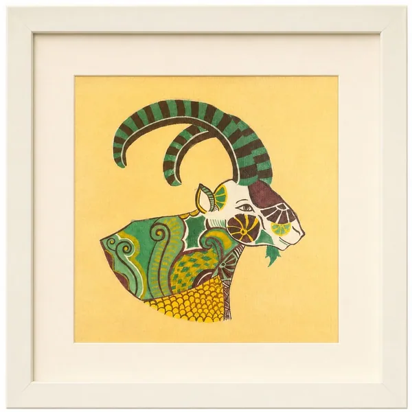 A sea-goat with a striped horn and a patterned fish tail, on an ochre ground