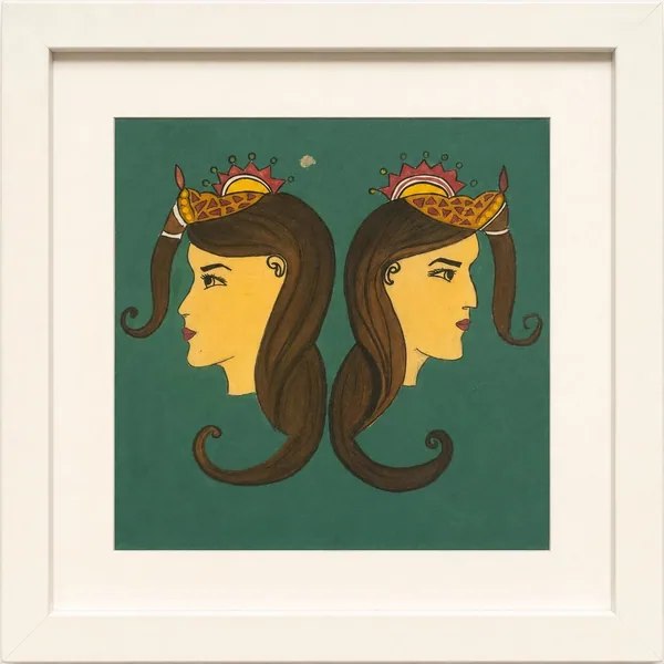 Two mirrored women's profiles wearing crowns, long hair falling together, on teal