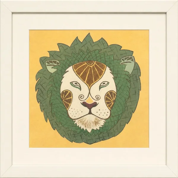 A lion's face ringed by a mane drawn as overlapping green leaves, on ochre