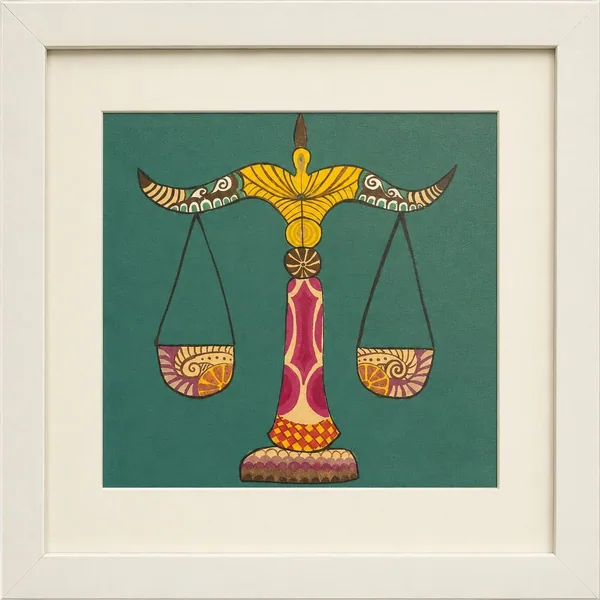 An ornate pair of balance scales in gold and rose, hanging level, on a teal ground