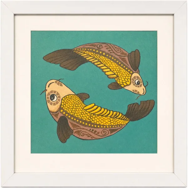 Two patterned golden fish circling head to tail, on a teal ground