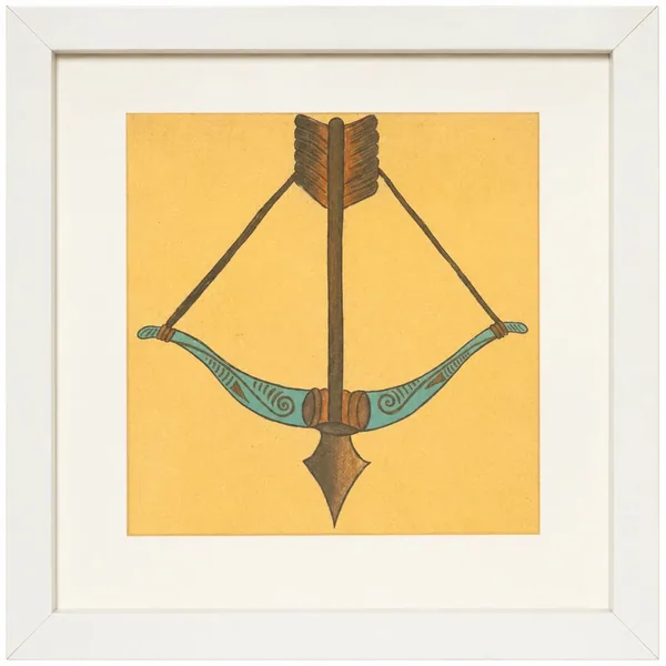 A drawn bow with the arrow nocked and pointing down, in teal and rust on ochre