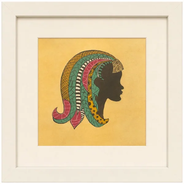 A woman's profile in silhouette, her hair a long decorated braid in pink and green, on ochre